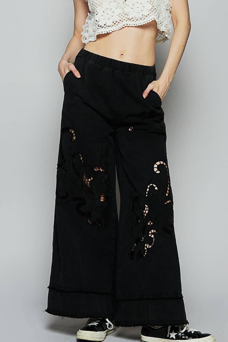 Vintage washing outseam woven twill wide pants