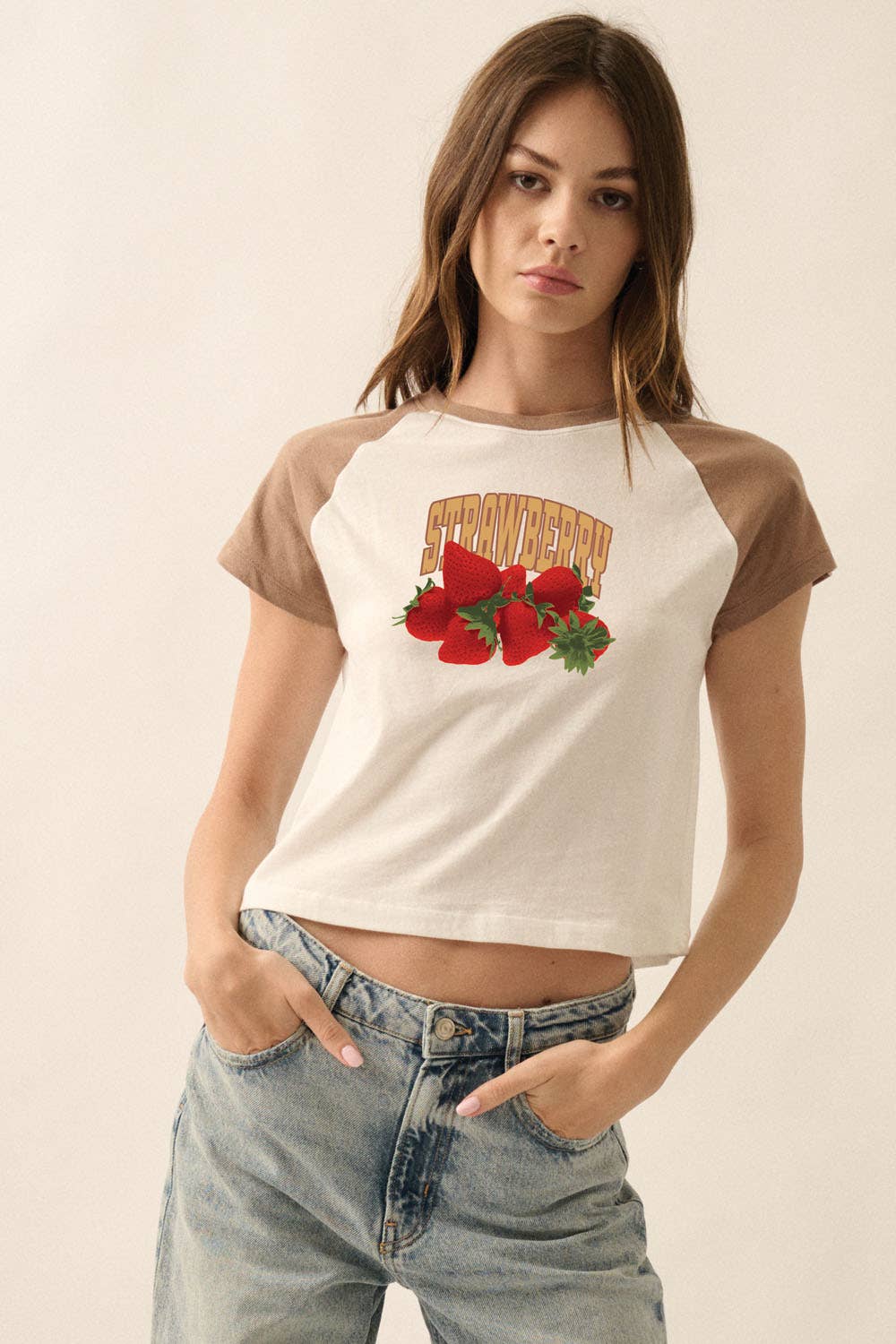 Strawberry Contrast Raglan-Sleeve Graphic Tee