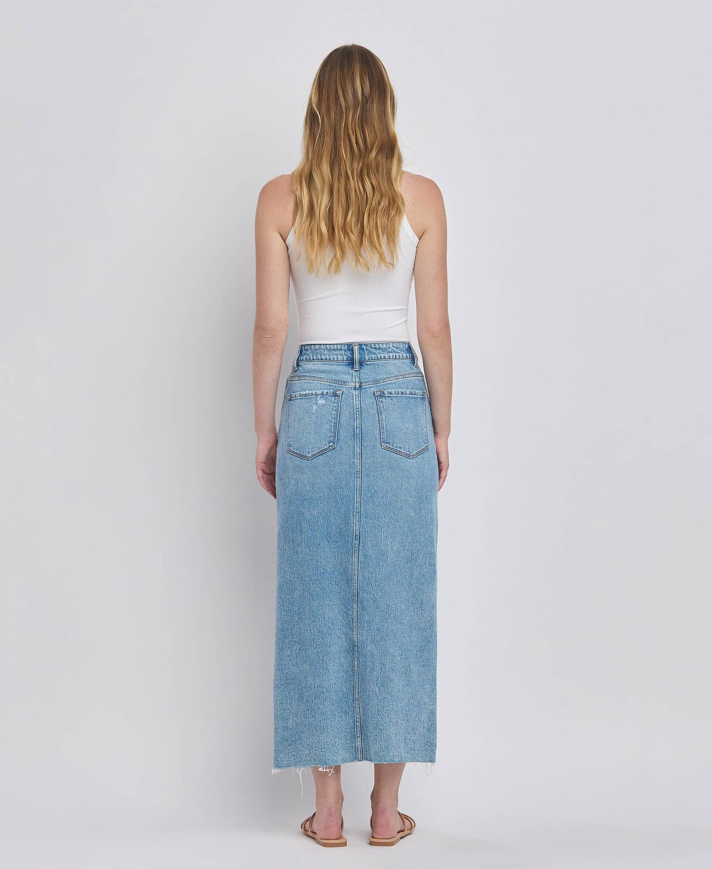 CRISS CROSS FRONT SLIT MAXI DENIM SKIRT T6490