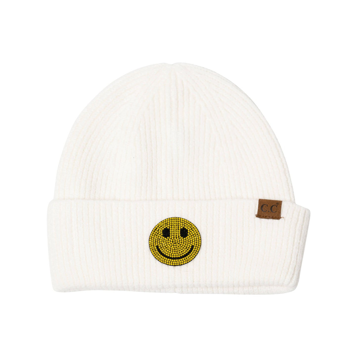 Solid Beanies with Happy Face Rhinestone Patch