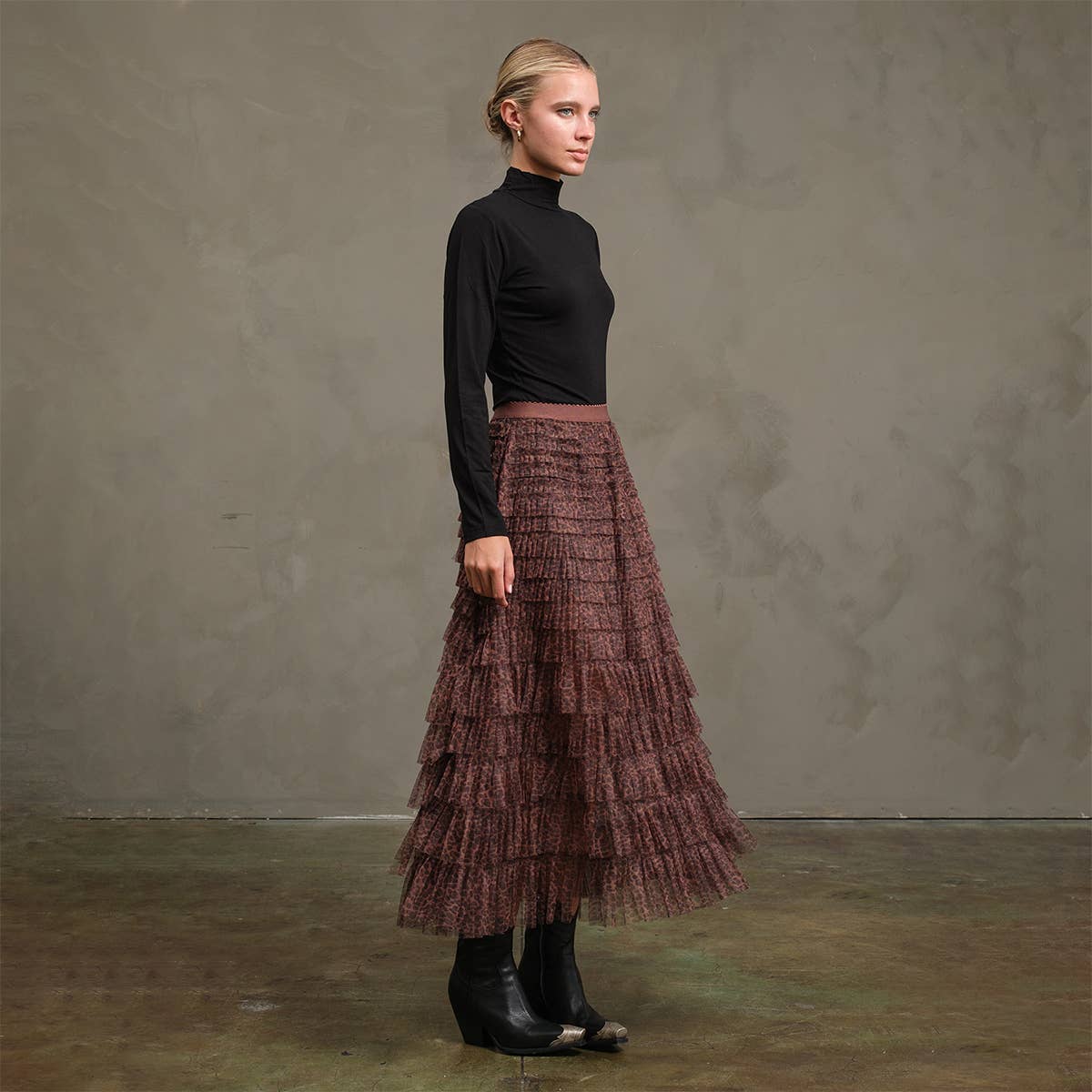 Leopard Mesh Tiered Skirt with Elastic Waist - RS1039