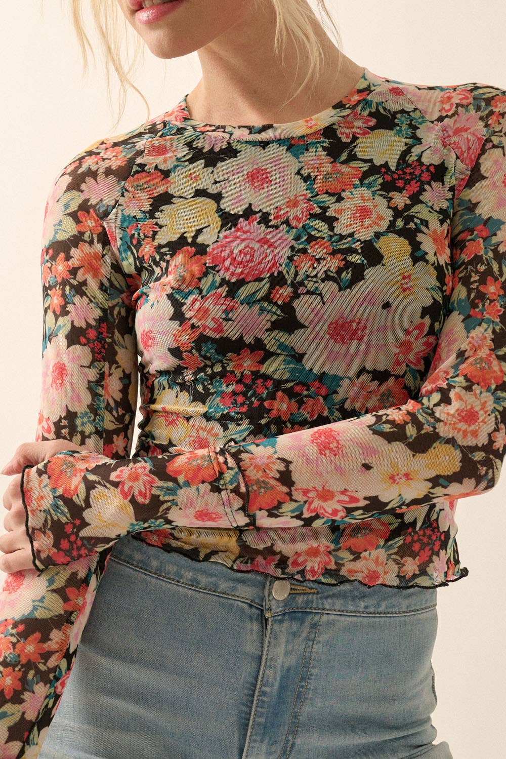 Floral Mesh Lettuce-Edge Thumbhole Top