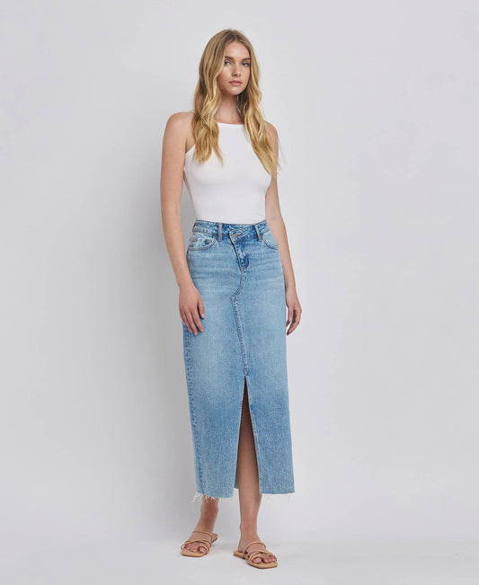 CRISS CROSS FRONT SLIT MAXI DENIM SKIRT T6490