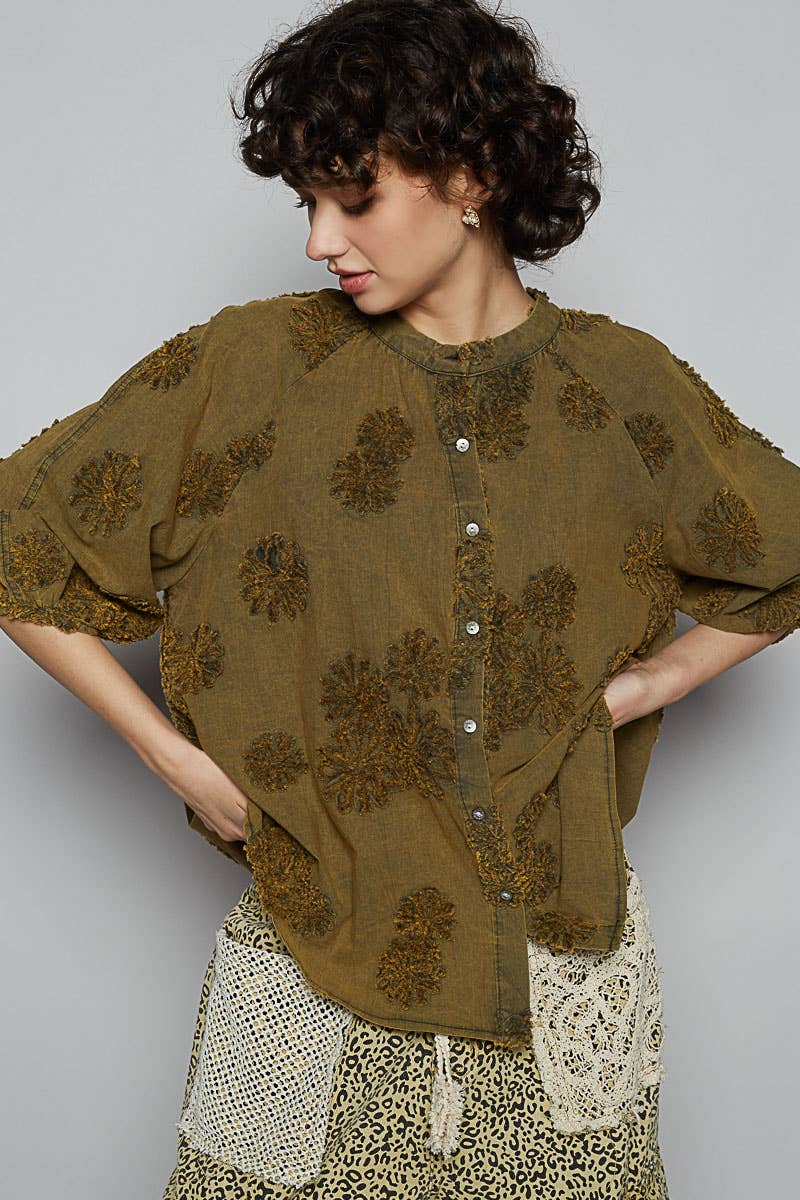 Floral embroidered short sleeve button down top