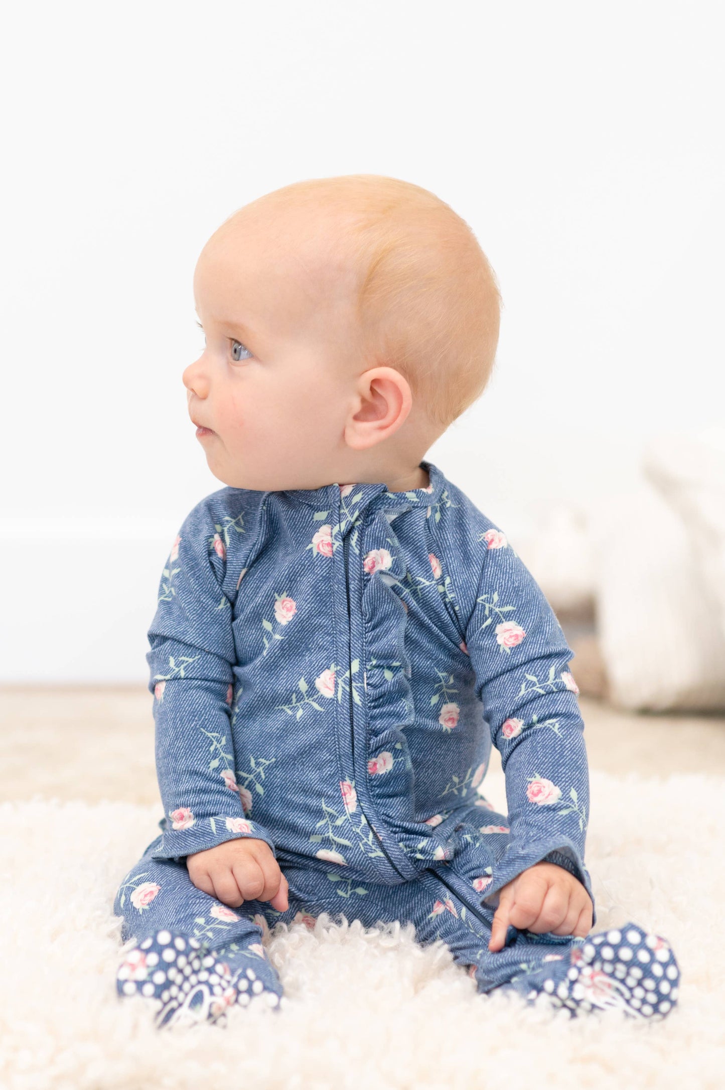 Ruffle Footie Denim Roses