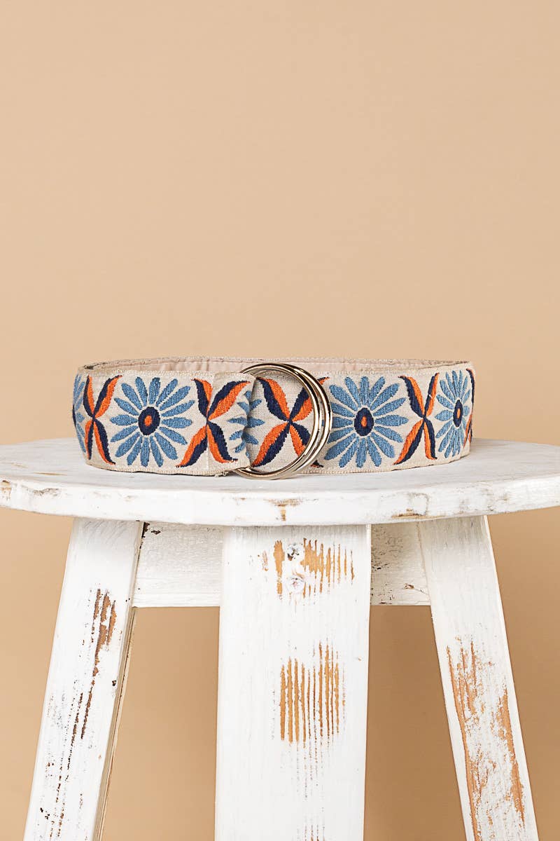 Embroidered floral pattern 'O' ring adjustable cloth belt