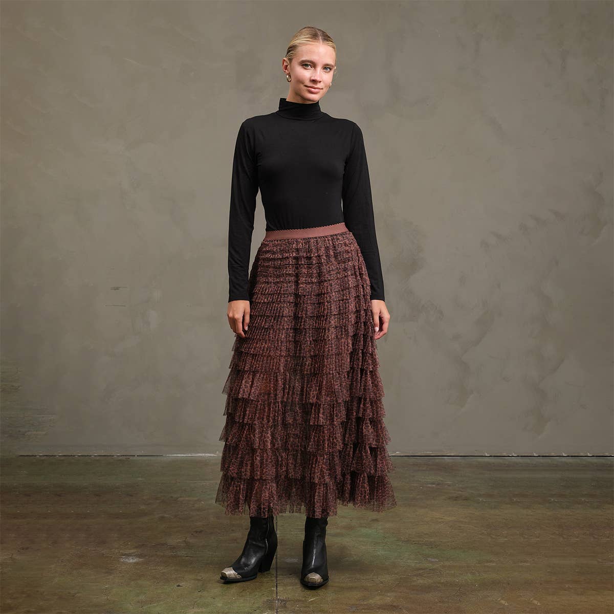 Leopard Mesh Tiered Skirt with Elastic Waist - RS1039