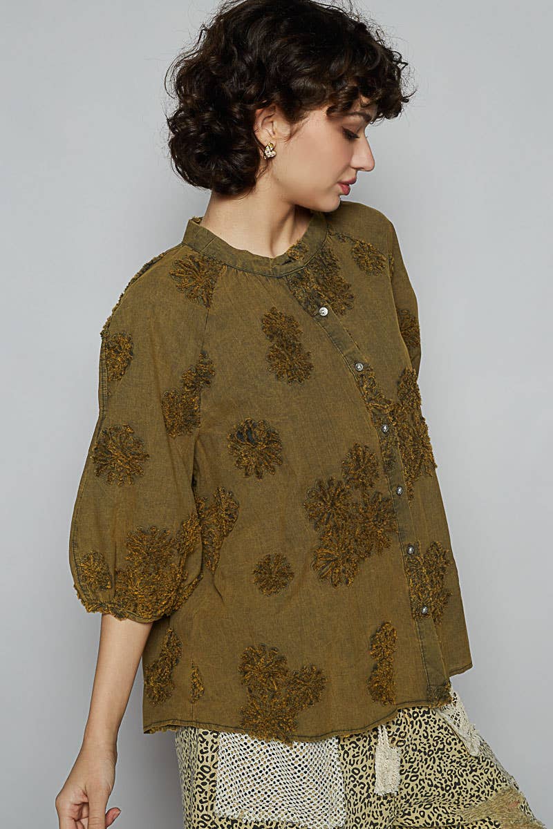 Floral embroidered short sleeve button down top