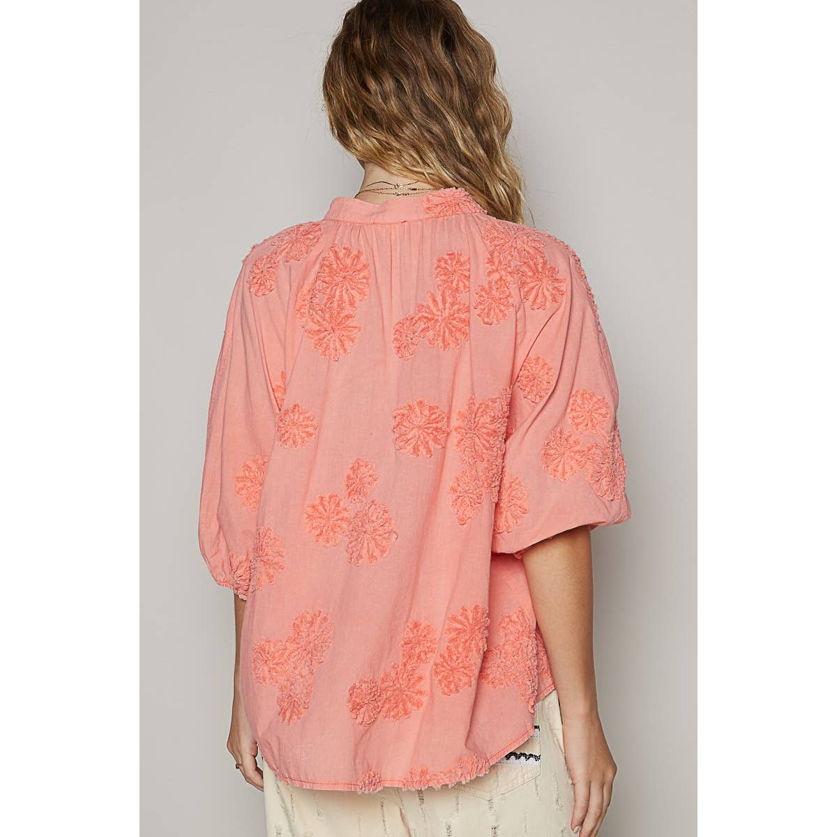 Floral embroidered short sleeve button down top