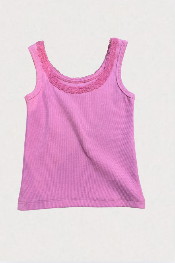 Stella Bright Pink Ribbed Tank Lace Trim