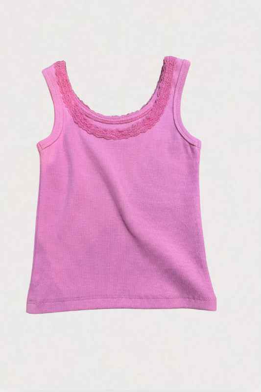 Stella Bright Pink Ribbed Tank Lace Trim