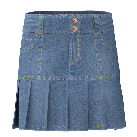 Double Button Pleated Denim Skirt